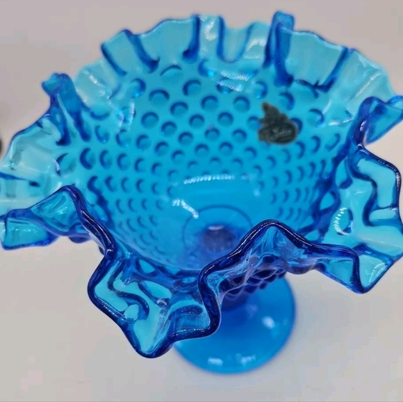 FENTON Ruffled Hobnail Footed Blue Glass Dish. Original Sticker. 6"H X 5"D - Picture 8 of 11